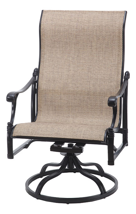 A modern Gensun Michigan swivel patio chair with a black metal frame and beige woven fabric seat and backrest. The chair features curved armrests and a slightly reclined back for comfort.