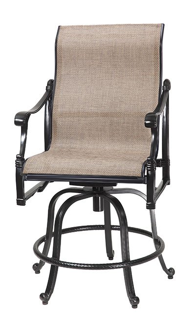 A stylish Gensun Michigan swivel chair with a black metal frame and armrests, featuring a textured beige cushioned seat and backrest.