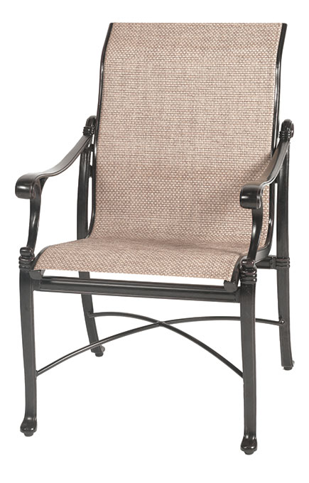 A sophisticated Gensun Michigan outdoor chair featuring a black metal frame with curved armrests and a textured tan fabric for the seat and backrest.
