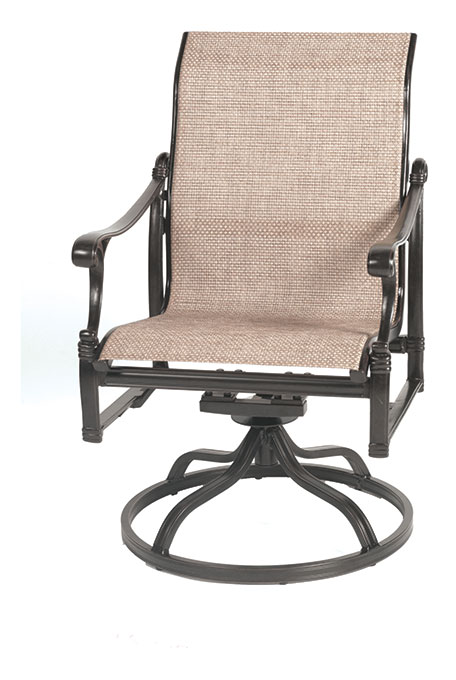 A Gensun Michigan swivel patio chair features a brown textured fabric seat and backrest, framed by dark metal arms and legs. The chair is designed for outdoor use with a circular base.