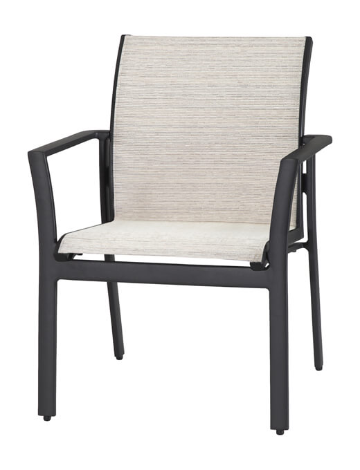 A modern Gensun Echelon outdoor chair with a black frame and light beige woven fabric seat and backrest, isolated on a white background.
