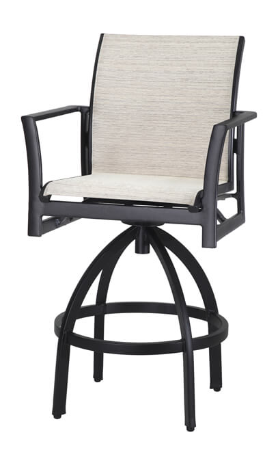 A modern Gensun Echelon swivel chair featuring a black metal frame with a circular base and armrests, equipped with a light beige fabric backrest and seat cushion.