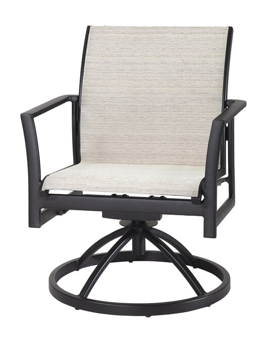 A modern Gensun Echelon swivel patio chair with a black metal frame and light beige woven fabric on the seat and backrest, against a white background.