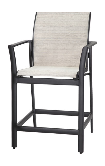 A modern Gensun Echelon outdoor bar stool featuring a black metal frame and light beige textile seat and backrest, isolated on a white background.