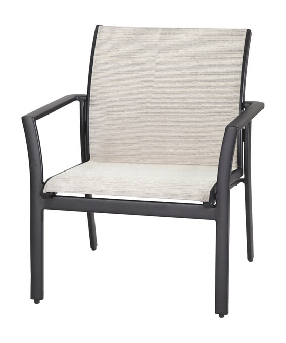 A modern Gensun Echelon outdoor chair with a black metal frame and beige woven fabric seat and backrest, isolated on a white background.