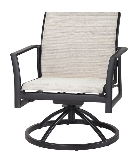 A modern Gensun Echelon outdoor swivel chair with a black metal frame and light beige woven fabric seat and backrest.