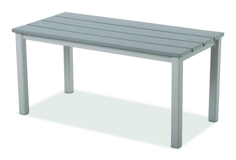 A modern, minimalist gray table with a rustic slatted top and four sturdy legs, isolated on a white background.
