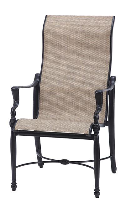 A Gensun Bel Air traditional-style high back chair with black wooden frame and beige upholstered seat and backrest, featuring armrests and a horizontal support bar.