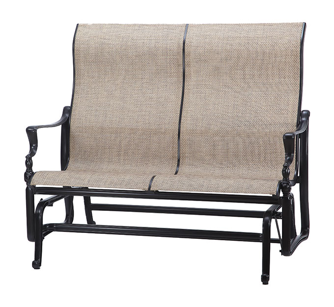 A two-seater Gensun Bel Air outdoor bench with a black metal frame and beige woven fabric seat and backrest, isolated on a white background.