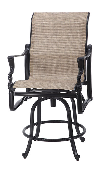 A Gensun Bel Air swivel patio chair with black metal frame and beige fabric seat and backrest, featuring armrests and a circular base.