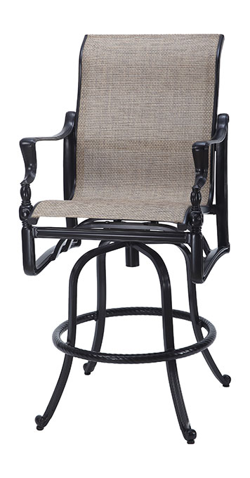 An elegant Gensun Bel Air swivel chair with black metal frame and brown textured fabric on the seat and back, featuring armrests and a circular base.