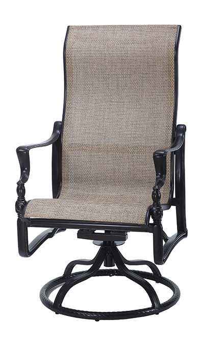 A Gensun Bel Air swivel chair with a black frame and beige textured upholstery, featuring armrests and a circular base.