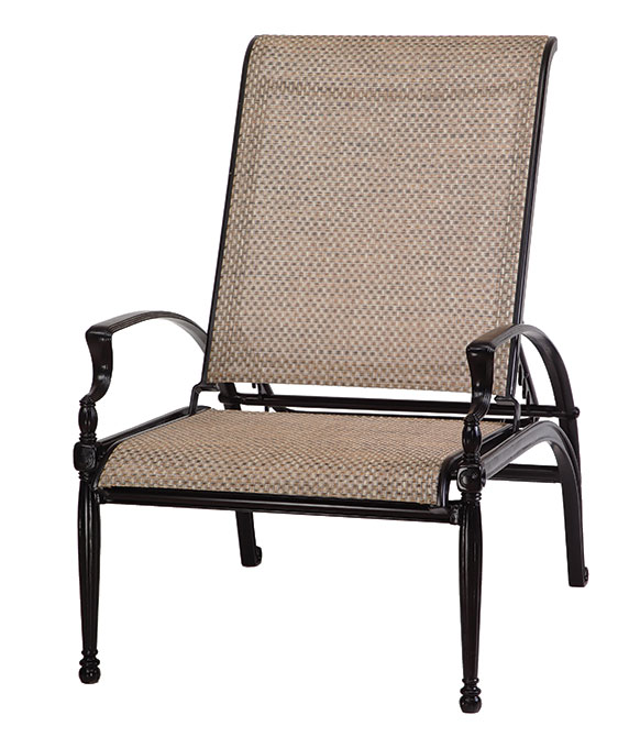 An elegant Gensun Bel Air patio chair featuring black metal arms and legs with a patterned beige and brown fabric seat and backrest, set against a white background.