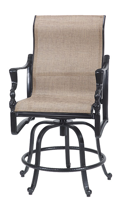 An elegant Gensun Bel Air swivel chair with a black metal frame and beige fabric upholstery, featuring armrests and a circular footrest.