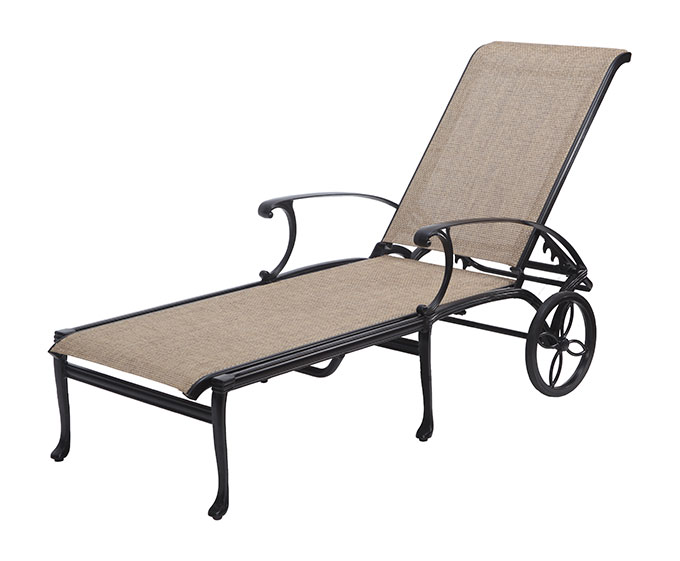 A tan Gensun Michigan outdoor chaise lounge with a metal frame and wheels, featuring curved armrests and a reclining back, isolated on a white background.