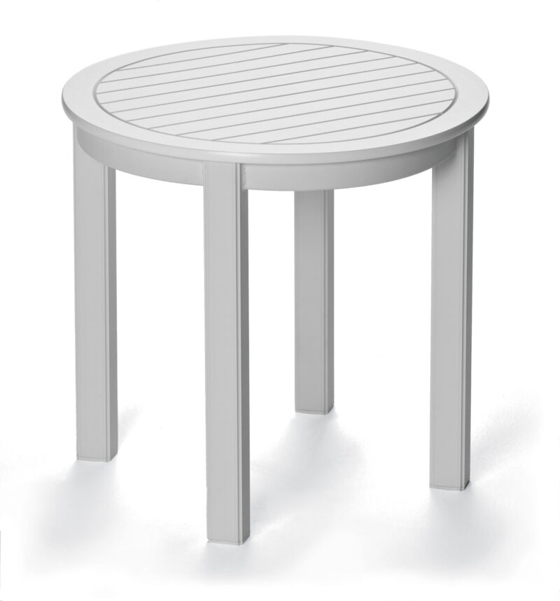 A simple, modern grey circular table with horizontal slatted top and four legs, isolated on a white background.
