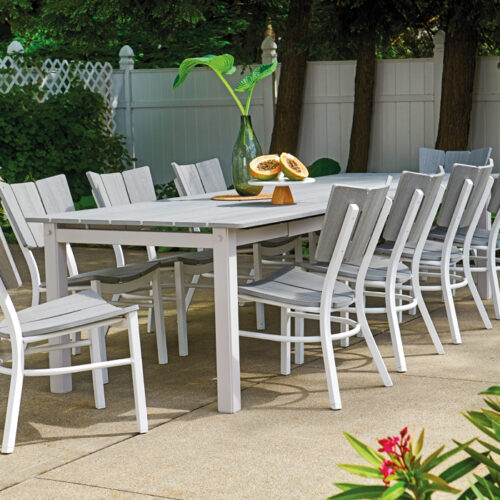 An outdoor dining area featuring a long rustic polymer top table with several chairs set in a lush garden, accompanied by a decorative plant and a plate of fruit on the table.