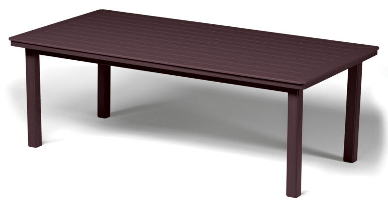 A simple, rectangular, brown plastic outdoor table with a slatted tabletop and straight legs, isolated on a white background.