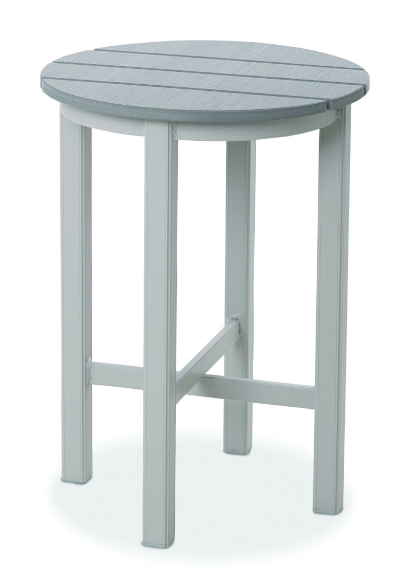 A round, grey outdoor table with a rustic polymer top and four legs connected by a central support, set against a white background.