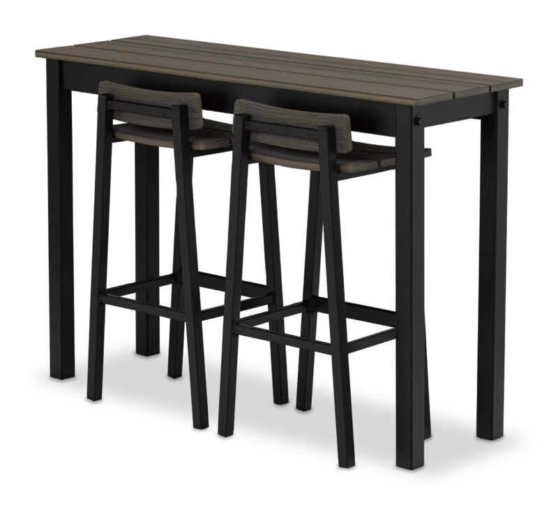 A modern black high table with a rustic polymer top and two matching stools, displayed on a white background. The furniture is sleek with a minimalist design, suitable for a contemporary space.