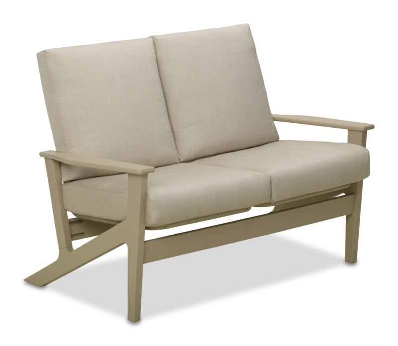 A modern two-seater outdoor sofa with a beige cushion and a sleek, light gray metal frame on a white background.