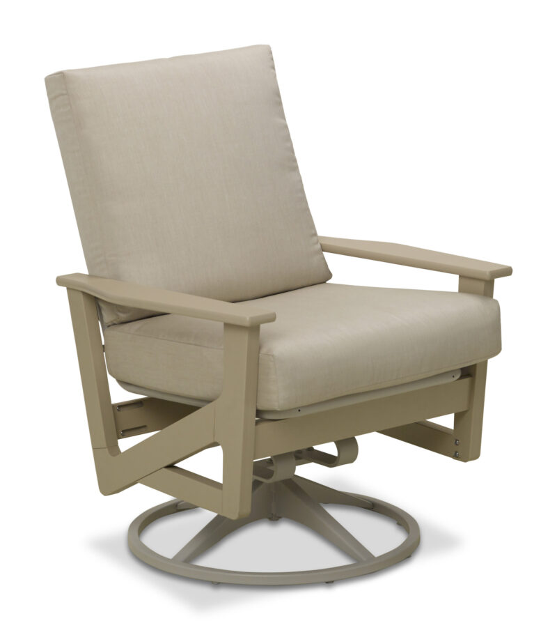 A modern beige swivel chair with plush cushions and wooden armrests, isolated on a white background.
