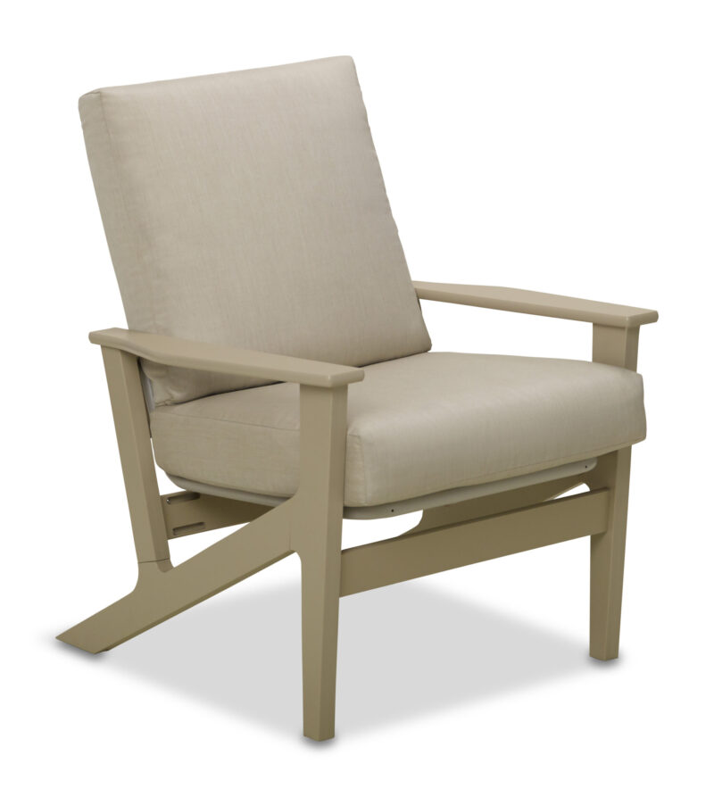A modern beige armchair with a cushioned seat and backrest, featuring a sleek wooden frame, isolated on a white background.