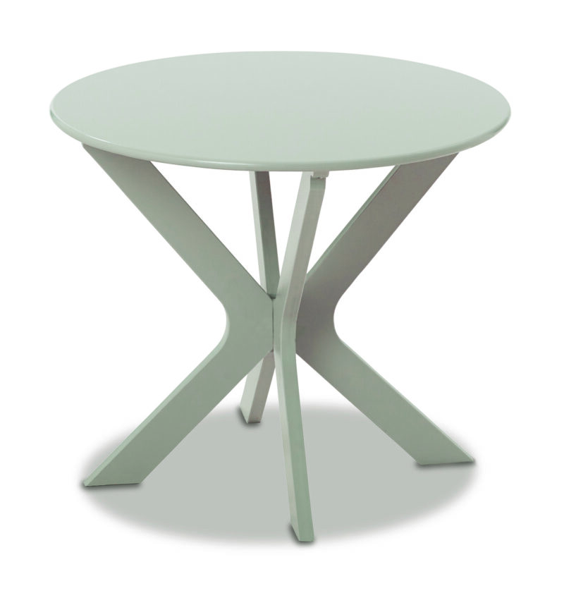 A round, light gray table with a smooth top and a crossed-leg base, set against a solid white background.