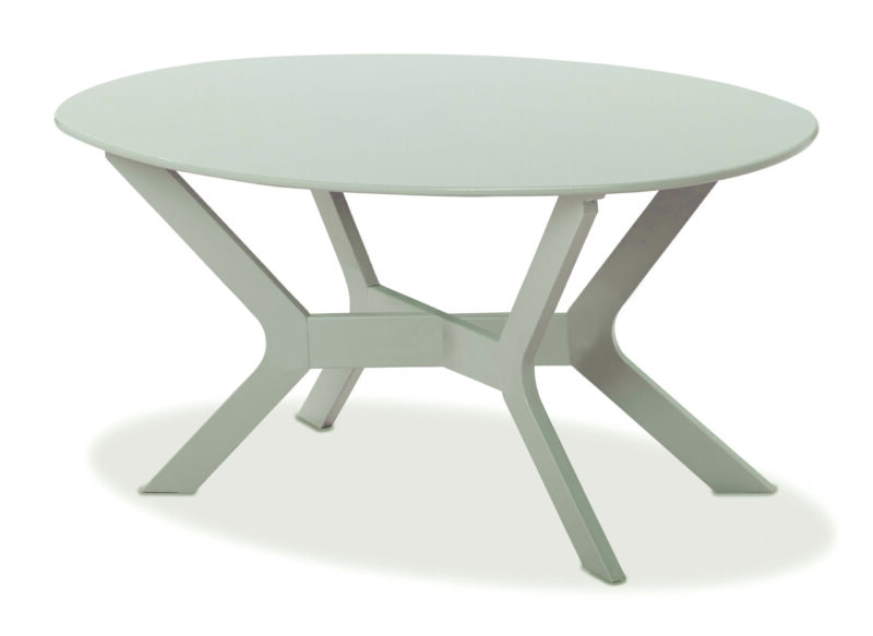 A light gray, contemporary round table with a smooth surface and a unique interlocking y-shaped leg design, isolated on a white background.