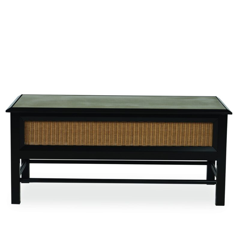 A black wooden coffee table with a wicker basket drawer, set against a white background.