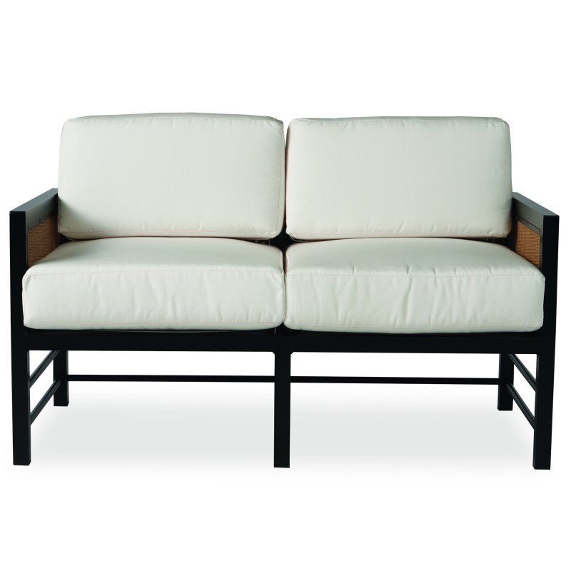 A modern two-seater sofa with a black metal frame and white cushions, isolated on a white background.