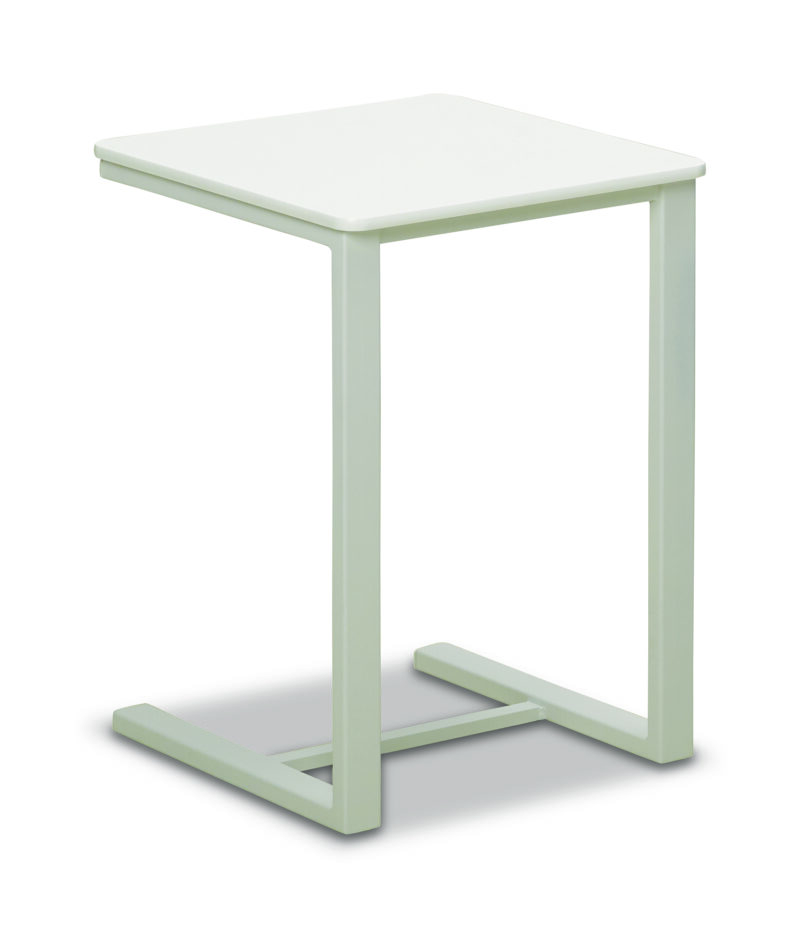 A simple, modern light green side table with a square top and a flat, rectangular base, isolated on a white background.