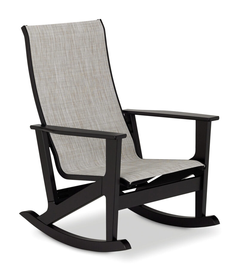A modern black rocking chair with a sleek frame and light gray cushioned seat and backrest, isolated on a white background.