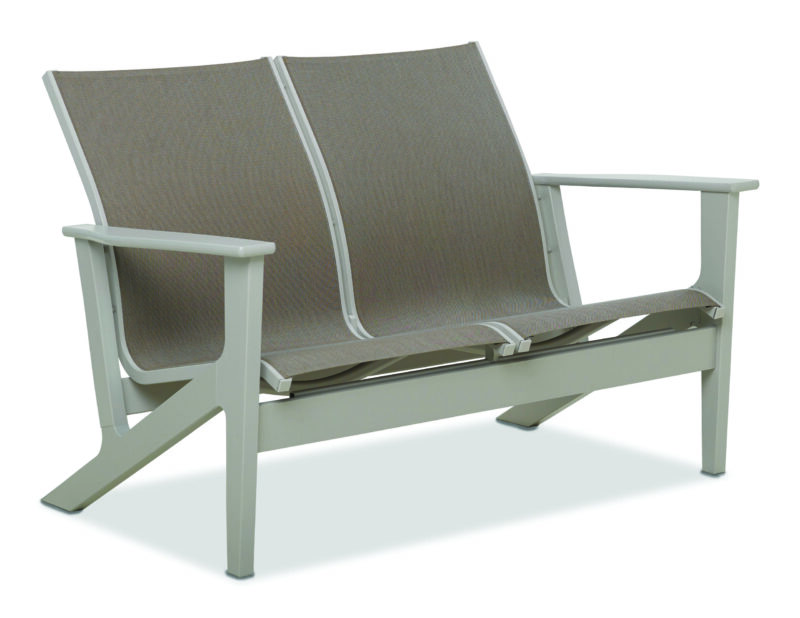 A modern two-seater outdoor bench with a gray metal frame and beige fabric seat and backrest, set against a plain white background.