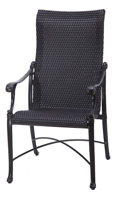 A black outdoor Gensun Michigan wicker chair with armrests and a high back, set against a white background. The chair features a tightly woven design and a metal frame.