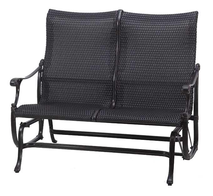 Gensun Michigan black metal and wicker outdoor bench with armrests and a dividing backrest, isolated on a white background.