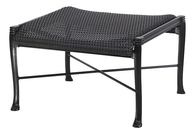 A modern Gensun Michigan rectangular ottoman with a black, woven wicker top and a sleek, black metal frame on a white background.