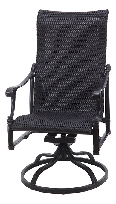 An elegant black Gensun Michigan swivel outdoor chair made of woven material, featuring curved armrests and a sturdy circular base.