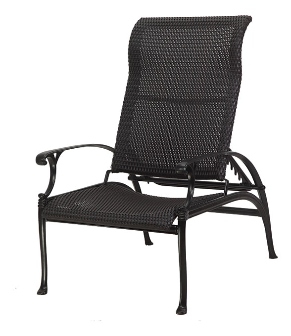 A black Gensun Michigan wicker outdoor chair with armrests and a high, slightly reclined back, set against a plain white background.