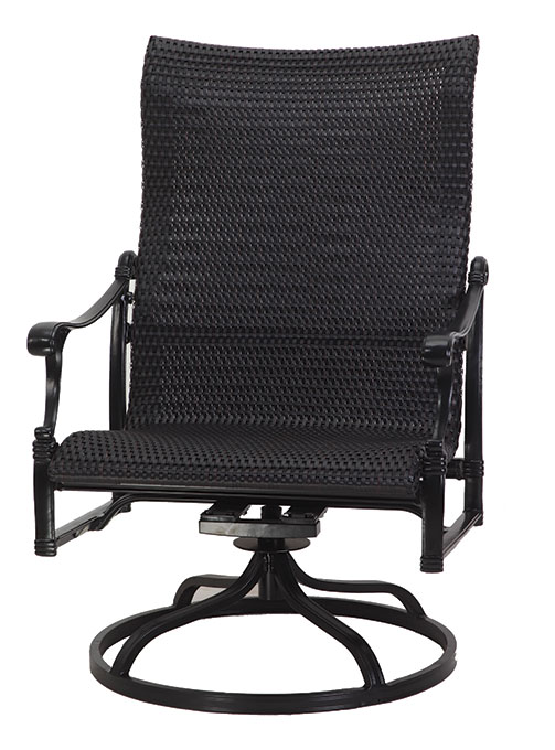 Gensun Michigan black swivel patio chair with a mesh back and seat, mounted on a circular base, isolated on a white background.