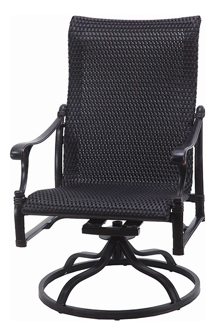 Black swivel patio chair from the Gensun Michigan collection, featuring a supportive mesh backrest and seat, armrests, and a sturdy round base.