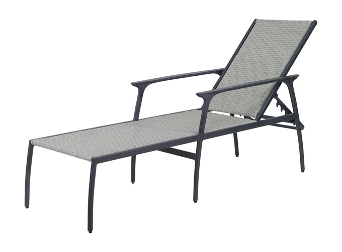 A modern Gensun Amari outdoor lounge chair with a gray woven seat and backrest on a black metal frame, positioned at an adjustable reclining angle.