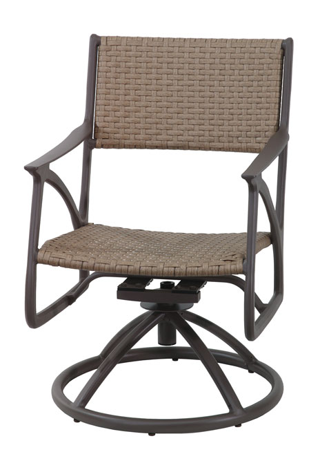 A Gensun Amari outdoor swivel chair with a metal frame and woven tan seat and backrest. The chair features armrests and a circular base.
