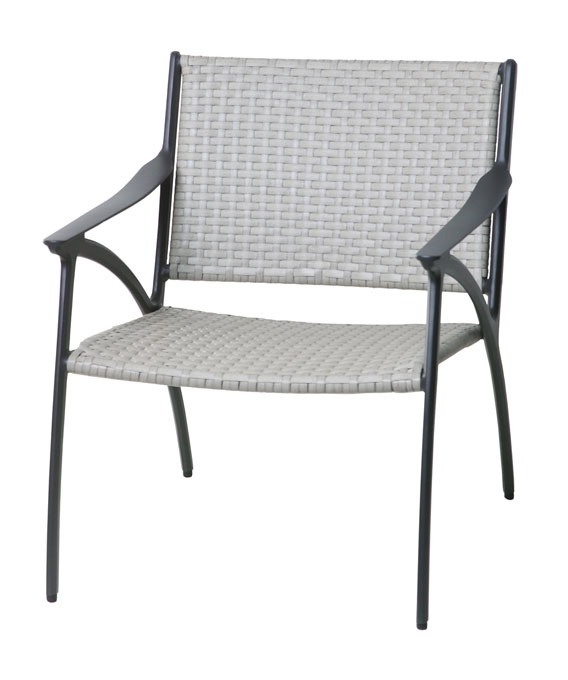 A modern Gensun Amari outdoor chair with a metal frame and woven white plastic seating and backrest.