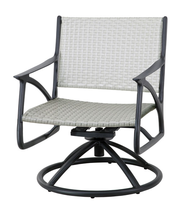 Modern Gensun Amari swivel chair with gray metal frame and woven white seat and back, featuring armrests and a circular base.