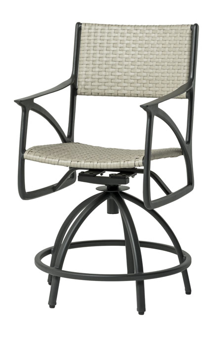 A modern Gensun Amari swivel chair featuring a black metal frame and beige woven back and seat, set against a plain, light background.