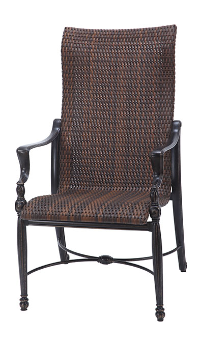 A traditional high-back Gensun Bel Air chair with dark wooden arms and legs, featuring a woven wicker back and seat in a dark brown hue, isolated on a white background.