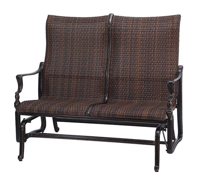 Two-seater Gensun Bel Air wicker bench with a dark metallic frame, featuring intricate weaving and elegant armrests, isolated on a white background.