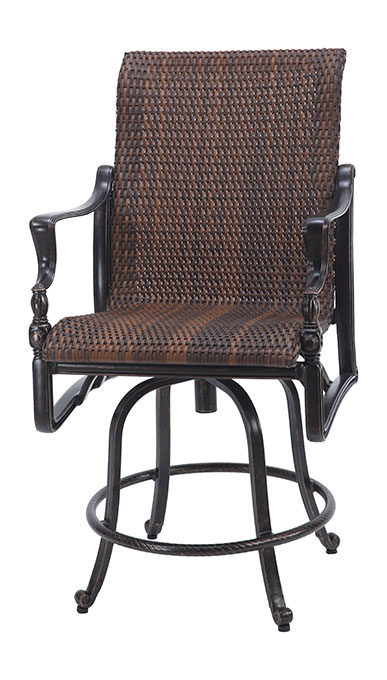 A high-back, woven rattan Gensun Bel Air swivel chair with armrests and a circular metal base, set against a plain white background.