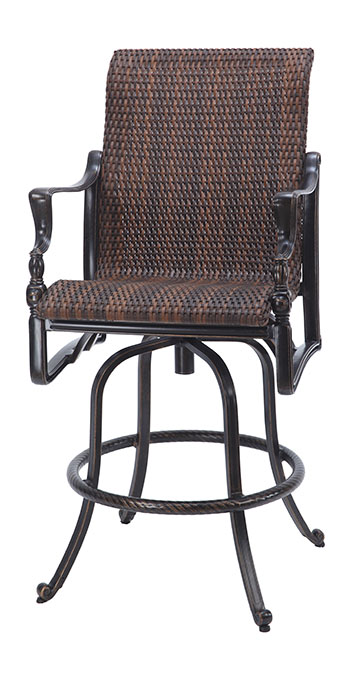 A Gensun Bel Air swivel bar stool with a high back, black metal frame and woven rattan seat and backrest, isolated on a white background.
